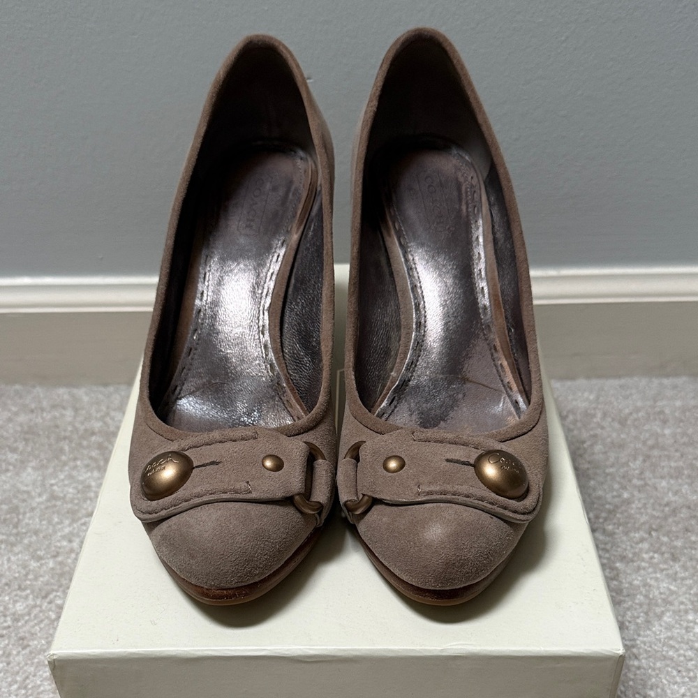 Coach Clay Suede Heels with Gold Accents